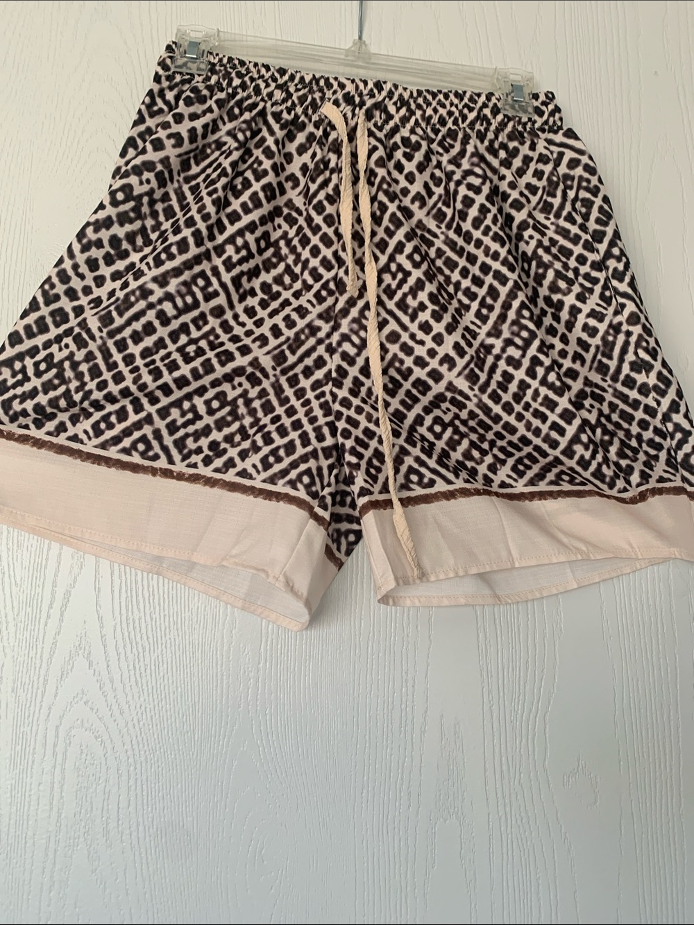 Beige and Brown Printed Drawstring Athletic Shorts